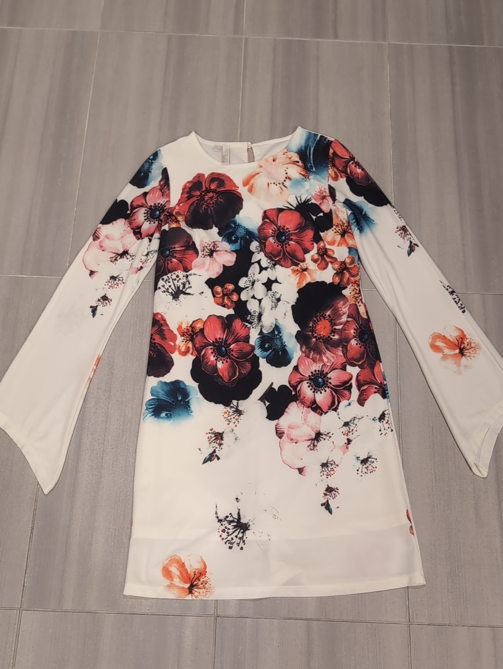 Floral Bell-Sleeve Shift Dress in White with Multi-Color Blooms